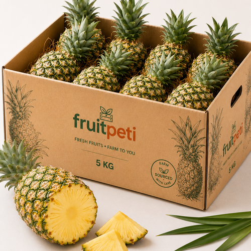 A brown cardboard box labeled fruitpeti, filled with whole and sliced pineapples, on a clean white background.