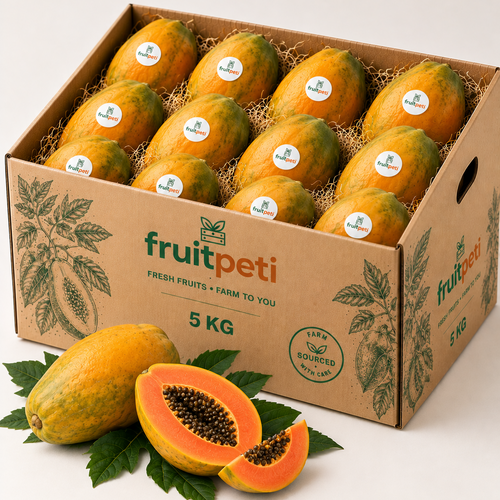 A 5 kg cardboard box filled with papayas, with two whole and one sliced papaya placed in front on leaves, on a clean white background. The box is branded fruitpeti.