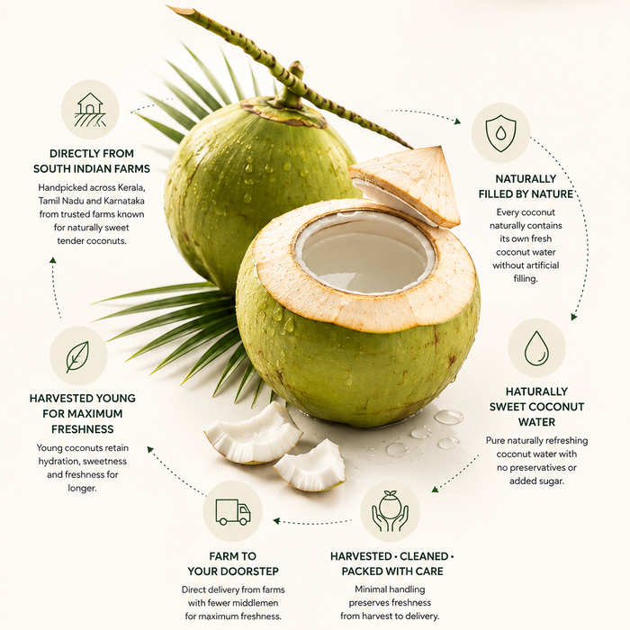 A promotional infographic for Fruitbeti Sweet Coconut Water. The design features a large, fresh, halved coconut in the center, surrounded by text callouts detailing its direct sourcing from South Indian farms, natural filling, and care during transport.