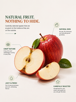 A promotional graphic for a red apple variety, showing a whole apple, a cut apple half, and a slice on a light beige background with text callouts describing its natural skin, crisp texture, juicy flesh, and careful selection.
