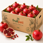 A 5 kg cardboard box of fresh pomegranates from FruitPeti, filled with whole and halved red pomegranates, displayed on a clean white background with promotional text and icons at the bottom.