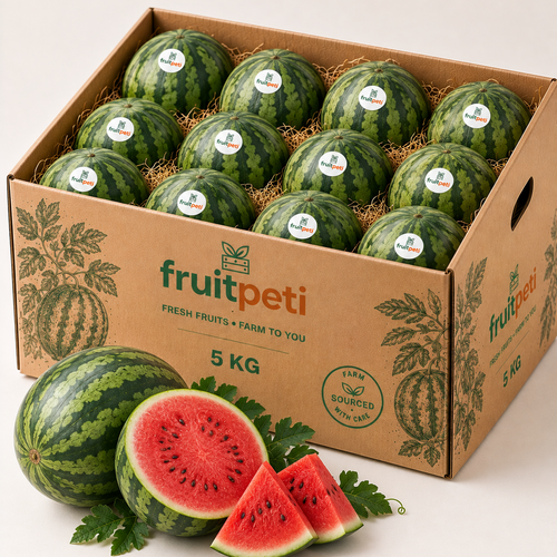 A cardboard box filled with small green watermelons, with two whole watermelons and three red watermelon slices placed in front on a light neutral background. The box is branded fruitpeti and reads 5 KG.